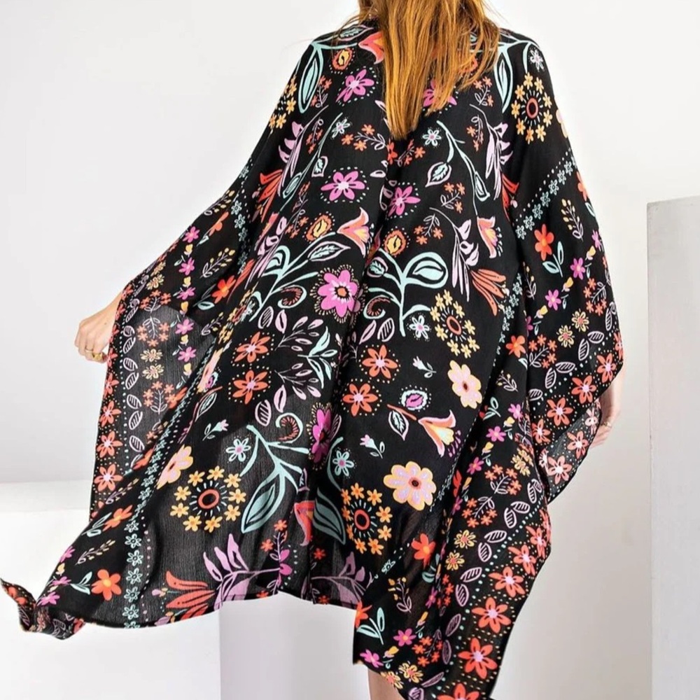 E11 Black Floral Kimono Cardigan with Red & Cream Accents